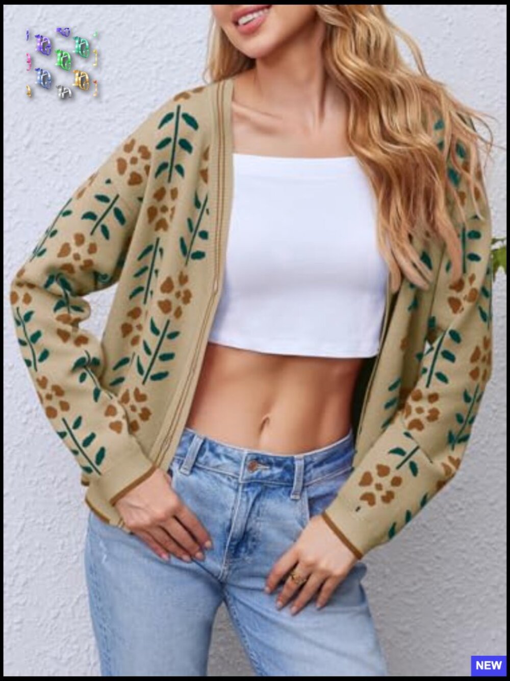 Floral Print V-Neck Cardigan Button Down Knit Sweater Loose Fit Long Sleeve - Picture 6 of 7